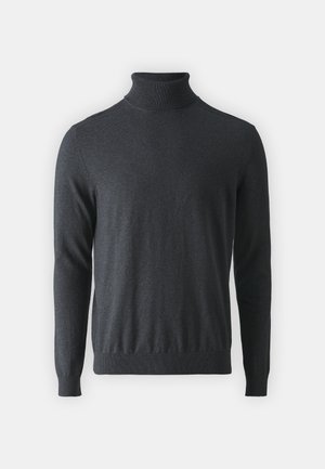 Temno siva tuljana pletenina iz mehkega, rebrastega materiala. Ima dolge rokave in oprijet pas, oblikovan je s visokim ovratnikom.