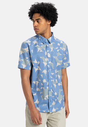 Short-sleeve button-up shirt in light blue with abstract white and light blue patterns; smooth texture and classic collar design.