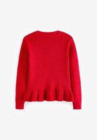 Pull rouge en maille à manches longues avec motif torsadé et ourlet volanté, présenté de dos sur fond blanc.