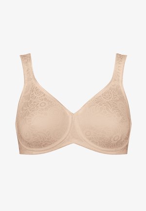 Sutiã numa tonalidade bege clara, apresentando textura de renda floral, copas suaves e alças largas para suporte. Design sem costuras e sem hardware visível.