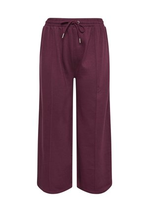 Pantaloni larghi bordeaux in morbido cotone con vita elasticizzata e cordoncino regolabile. Presentano pieghe frontali per un tocco di dettaglio in più.
