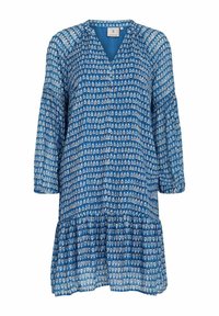 Blau gemustertes Kleid mit V-Ausschnitt, drei Viertel-Ärmeln und einem gerafften Saum. Das Material scheint leicht und hat eine glatte Textur.