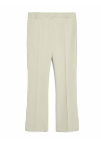 Pantaloni beige a gamba dritta con passanti per cintura, zip frontale e dettagli a piega lungo le gambe, esposti piatti su uno sfondo bianco.