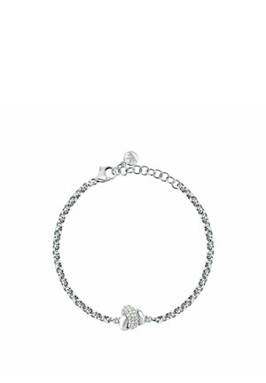 Bracciale a catena in argento con ciondolo centrale a forma di nodo impreziosito da piccoli cristalli scintillanti e chiusura con moschettone.