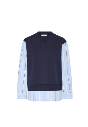 Felpa blu navy con maniche lunghe a strisce azzurre e orlo a strati. Design con collo a giro, corpo in maglia testurizzata.