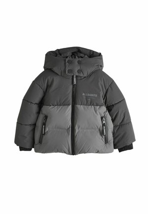 Donkergrijze en lichtgrijze donsjas met capuchon, rits aan de voorkant, ritszakken en AllSaints-logo op de borst en de ritstrekkers.
