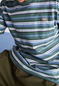 Osoba v pruhovaném tričku v zelené, modré, bílé a černé barvě s malým barevným logem na hrudi a olivově zelených kalhotách.