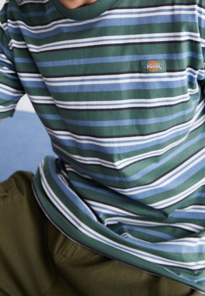 Persona vistiendo una camiseta de rayas verdes, azules, blancas y negras con un pequeño logo colorido en el pecho y pantalones verde oliva.