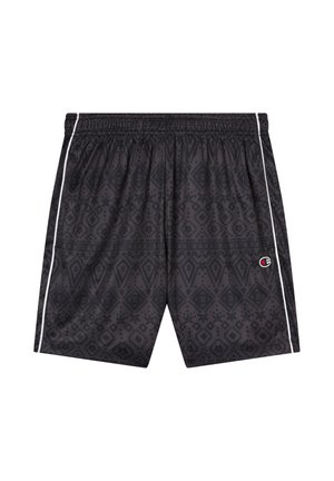 Schwarze Sportshorts mit dezenten geometrischen Mustern, weißen Seitensch Stripes, elastischem Bund und kleinem Champion-Logo am rechten Bein.