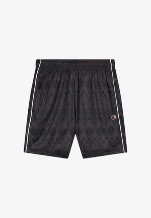Schwarze Sportshorts mit dezenten geometrischen Mustern, weißen Seitensch Stripes, elastischem Bund und kleinem Champion-Logo am rechten Bein.