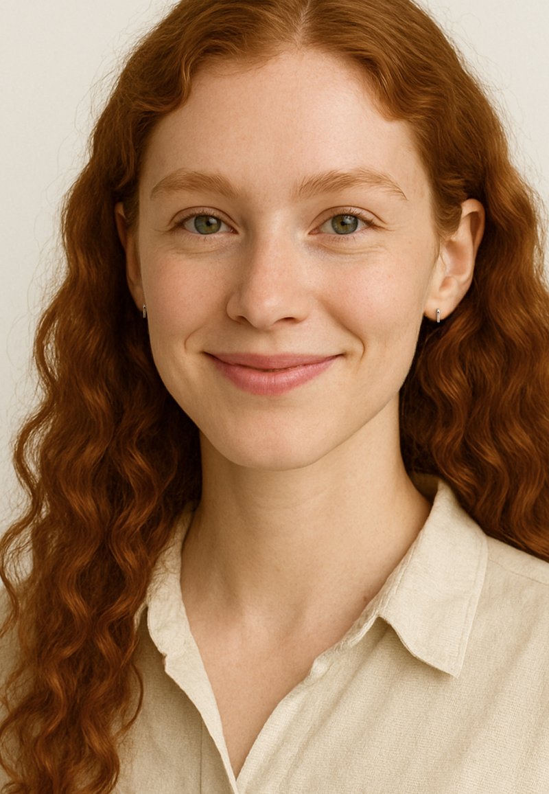 Rödblond kvinna med lockigt hår, gröna ögon, små hoopörhängen, klädd i en beige knapp-up skjorta, leende milt mot en enkel bakgrund.