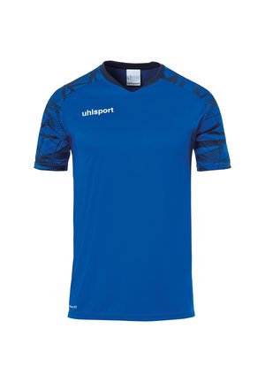 Blauwe sporttrui van polyester, met korte mouwen, een V-halsontwerp en abstracte zwarte patronen op de mouwen.