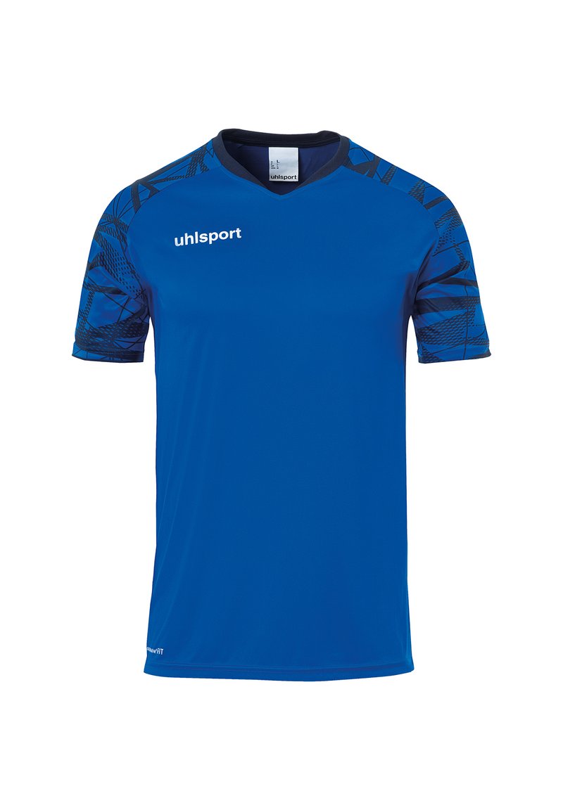 Blauwe sporttrui van polyester, met korte mouwen, een V-halsontwerp en abstracte zwarte patronen op de mouwen.