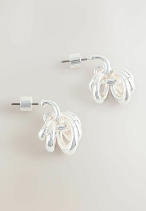 Silver-tone earrings featuring a looped design with multiple intertwining elements and a polished finish. Post backing for secure wear.