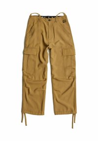 Pantaloni cargo di colore khaki, con quattro grandi tasche, design a gamba dritta, orli con cordino e una texture di tessuto resistente.