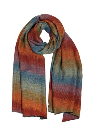 Multicolored scarf featuring a gradient of rust, blue, and gold hues with a textured weave. Edges are slightly frayed.