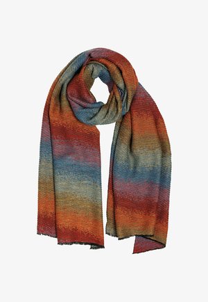 Multicolored scarf featuring a gradient of rust, blue, and gold hues with a textured weave. Edges are slightly frayed.
