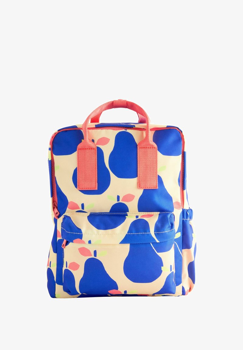 Zaino con motivo di pere blu su sfondo crema, con dettagli rosa. Include manici doppi e una tasca frontale con zip.