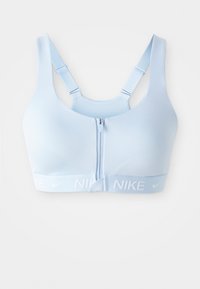 Sujeta deportiva Nike de color azul claro con cierre frontal, tirantes ajustables y una espalda texturizada. Tejido suave y elástico con una banda de logo.
