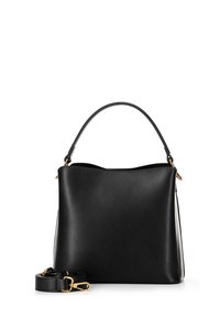 Black leather handbag with a structured shape, featuring a top handle and detachable strap, gold hardware accents, and smooth texture.