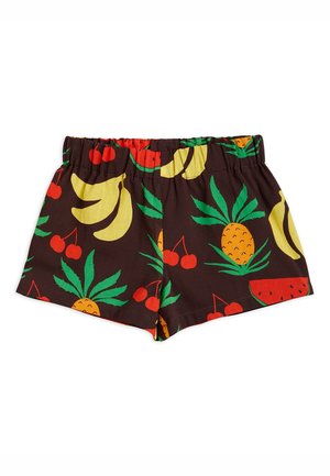 Dunkelbraune Shorts für Kinder mit elastischem Bund, verziert mit bunten Mustern aus Bananen, Ananas, Kirschen und Wassermelonen.