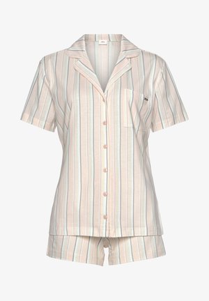 Īsām piedurknēm, ar apkakli, pidžamu komplekts mīkstā, vieglā audumā. Iezīmēts ar pasteļtoņu svītrām rozā, zaļā un zilo krāsā. Ietver krūšu kabatu.