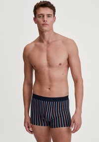 Marine gestreepte boxershort met een zachte elastische tailleband met de merknaam. Strepen in lichtblauw en roestkleur voegen detail toe.
