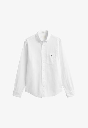 Weißes Hemd mit langen Ärmeln, Knopfleiste, Kragen und Brusttasche mit kleinem besticktem Logo.