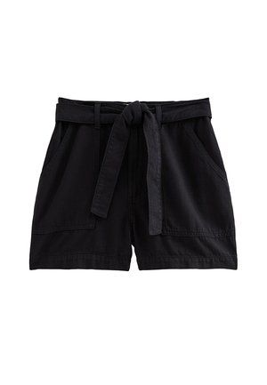 Shorts noirs taille haute avec poches avant et ceinture assortie en tissu nouée en nœud à la taille.