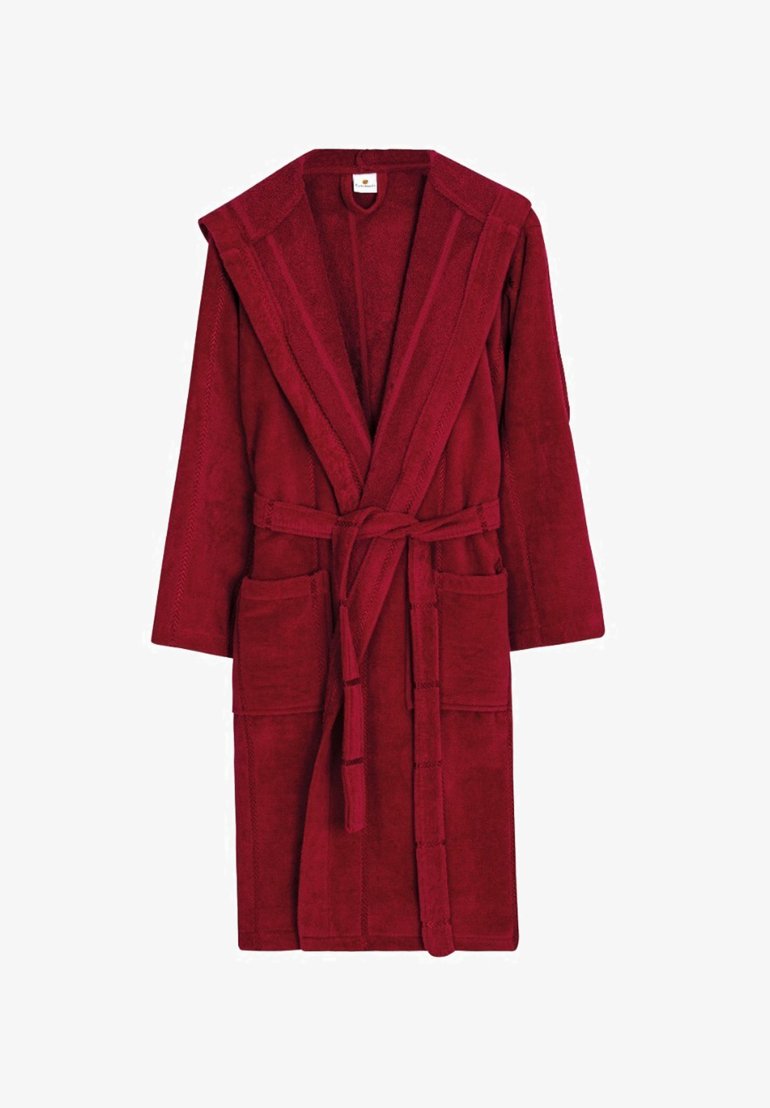 Burgundy terry cloth bathrobe with a shawl collar, tie closure, and two front pockets. Soft texture and mid-length sleeves.