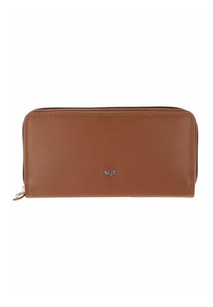 Portefeuille rectangulaire en cuir marron avec fermeture éclair et petit logo métallique au centre devant.