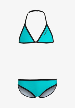 Completo bikini turchese con top triangolare bordato di nero e logo, e slip coordinato con bordino e colore simile. Tessuto liscio.