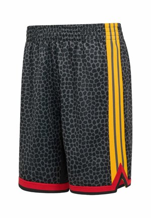 Black athletic shorts with gray leopard spots, yellow side stripes, and red and black trim at the hem.