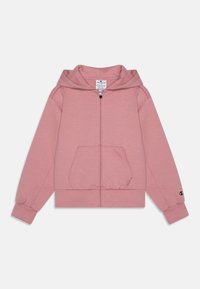Felpa rosa con zip, realizzata in tessuto morbido, dotata di tasca frontale, polsini a coste e cappuccio. Logo sulla manica sinistra.