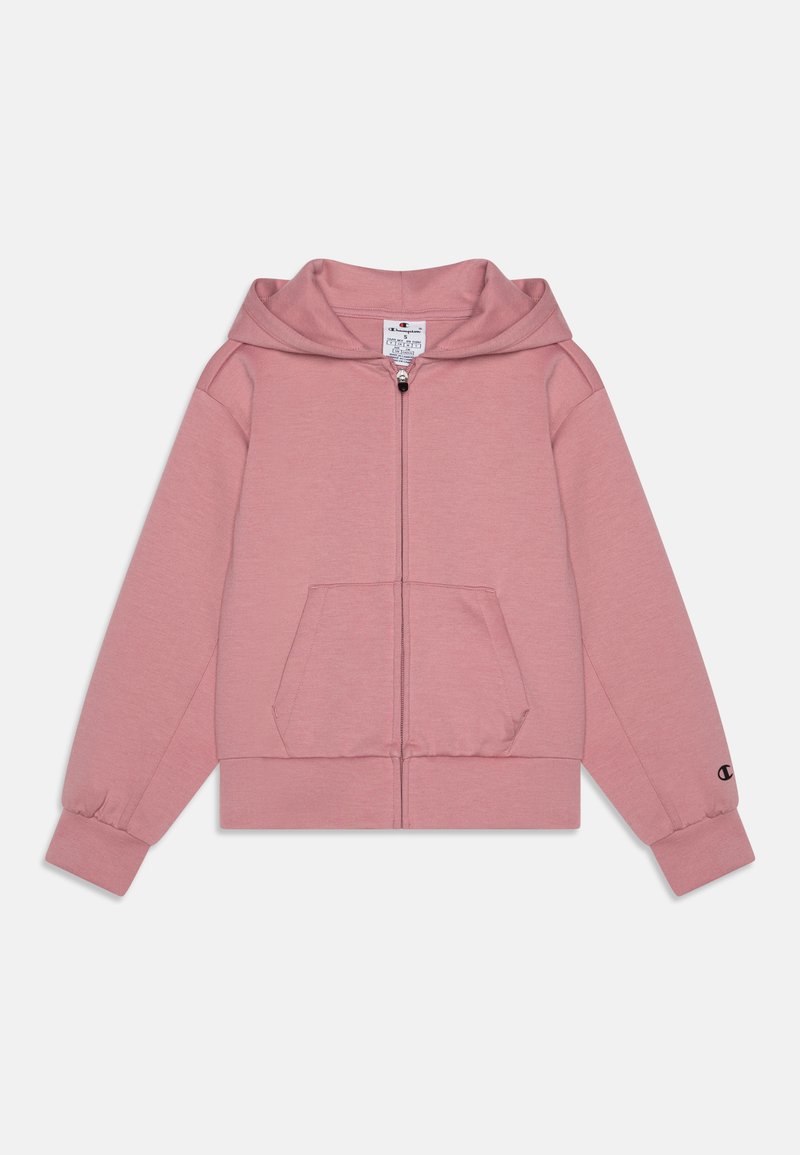 Felpa rosa con zip, realizzata in tessuto morbido, dotata di tasca frontale, polsini a coste e cappuccio. Logo sulla manica sinistra.