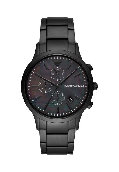 Reloj Emporio Armani de acero inoxidable negro con tres subesferas, ventana de fecha a las 4 en punto y pulsera enlazada.