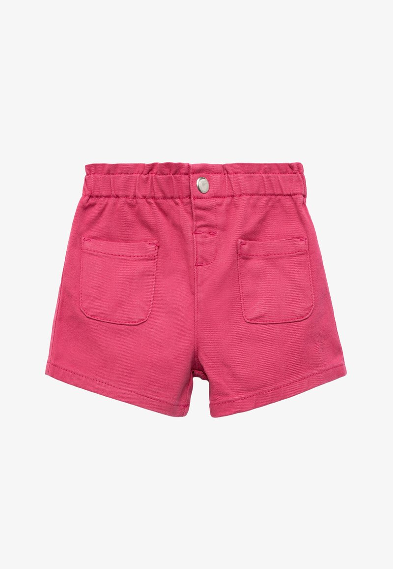 Vaaleanpunaiset puuvillashortsit, joissa on joustava vyötärö, edessä nappi ja kaksi takataskua. Kangas on sileä ja siinä on hieman kiiltoa.