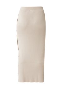 Ribbad beige midikjol med hög midja, sidoöppning och dekorativa knappar längs vänster sida. Tillverkad av stretchig tyg för komfort.