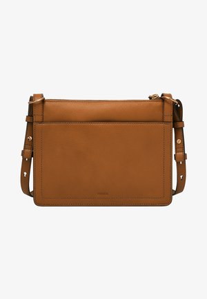 Brun læder crossbody taske med en glathed overflade, rektangulær form, justerbar rem og en frontlomme med lynlåslukning.