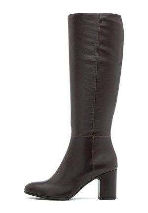 Braune Lederstiefel bis zum Knie mit schlankem Design, runder Zehenpartie und stabilen Absatz. Verfügt über minimale Nähte und eine glatte Textur.