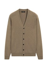 Beige cardigan made of soft fabric, featuring a V-neck, long sleeves, and six black buttons down the front. Smooth texture with ribbed cuffs.