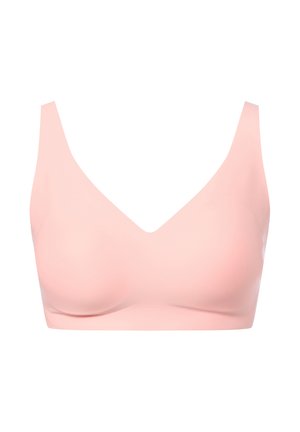 Zachte roze draadloze bh met brede bandjes, een diepe V-hals en gladde, naadloze cups voor comfort en ondersteuning.