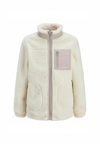 Fleece jack in off-white met een staande kraag, frontrits, twee zijzakken en een borstzak van zacht materiaal met een logodetail.