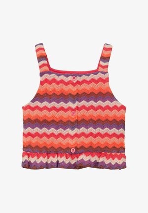 Bezrękawnik z dzianiny z różowymi guzikami, ozdobiony plisowanymi paskami w odcieniach czerwieni, pomarańczy, fioletu i beżu.