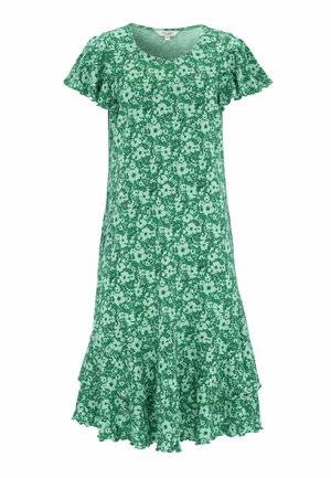 Grøn blomstret kjole med korte flagrende ærmer og flæsekant, knælængde, let stof.