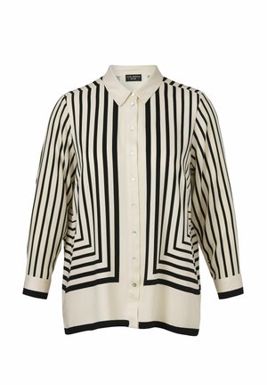 Langärmliges Hemd mit Knopfleiste, schwarzem vertikalem und schrägem Streifendekor auf cremefarbenem Hintergrund, mit spitzem Kragen und schwarzen Ärmelbündchen.