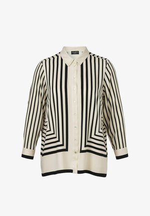 Long-sleeve button-up shirt with black vertical and angled stripes on a cream background, featuring a pointed collar and black cuff trim.