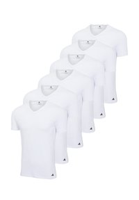 White cotton v-neck t-shirts displayed in a stack. Each features short sleeves and a small black logo at the hem. Simple design, solid color.