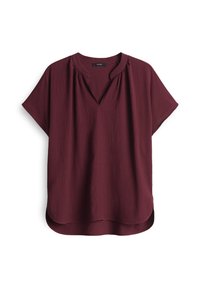 Top corto bordeaux a maniche corte, in tessuto testurizzato con scollatura a V, orlo leggermente curvato, vestibilità rilassata. Materiale morbido e leggero.