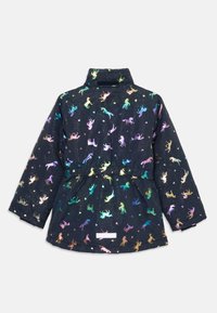 Veste pour enfants bleu marine à manches longues, avec une taille élastique et un motif holographique multicolore de licorne et de cœur dans le dos.